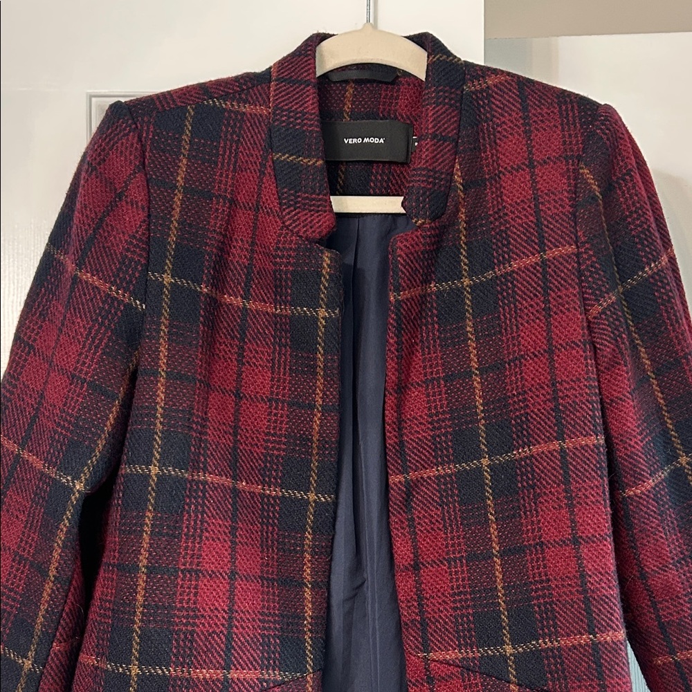 Vero Moda Women's Red and Navy Plaid Jacket